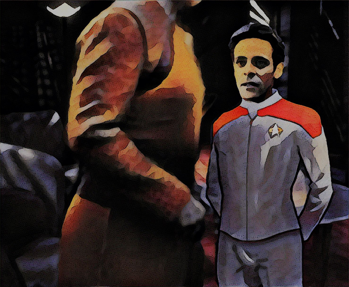 Bashir in a cadet's uniform, Garak foregrounded